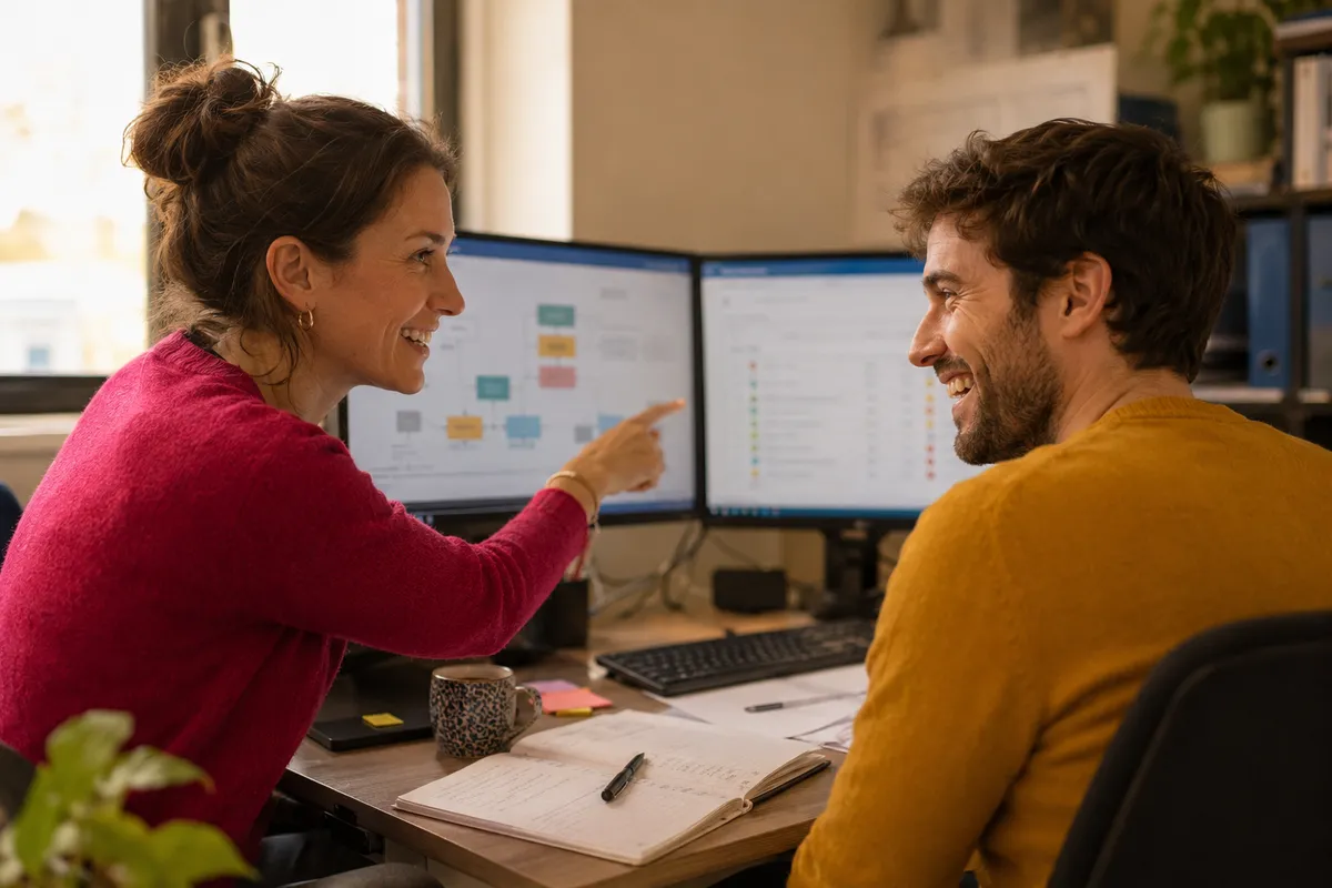 Une consultante explique un tableau de bord à un salarié dont le visage s'éclaire