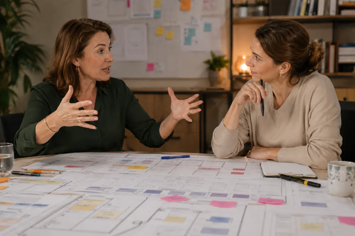Une responsable formation explique son besoin à une consultante qui l'écoute attentivement