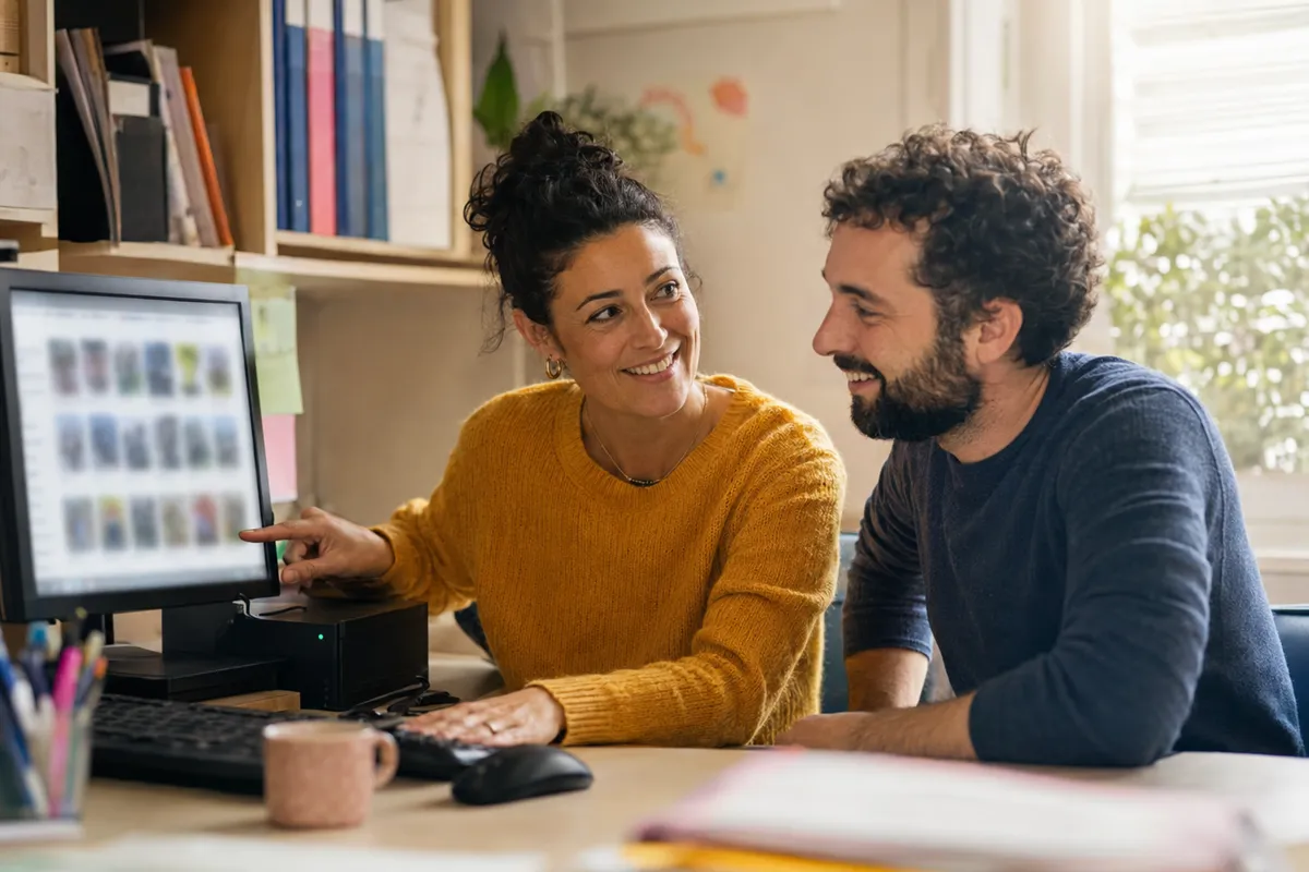 Une éducatrice montre son écran à un collègue, la main posée sur un serveur local