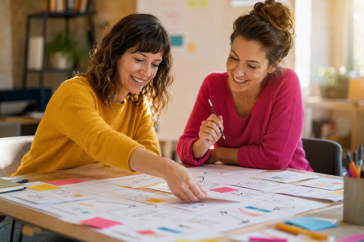 Deux formatrices conçoivent un storyboard de formation