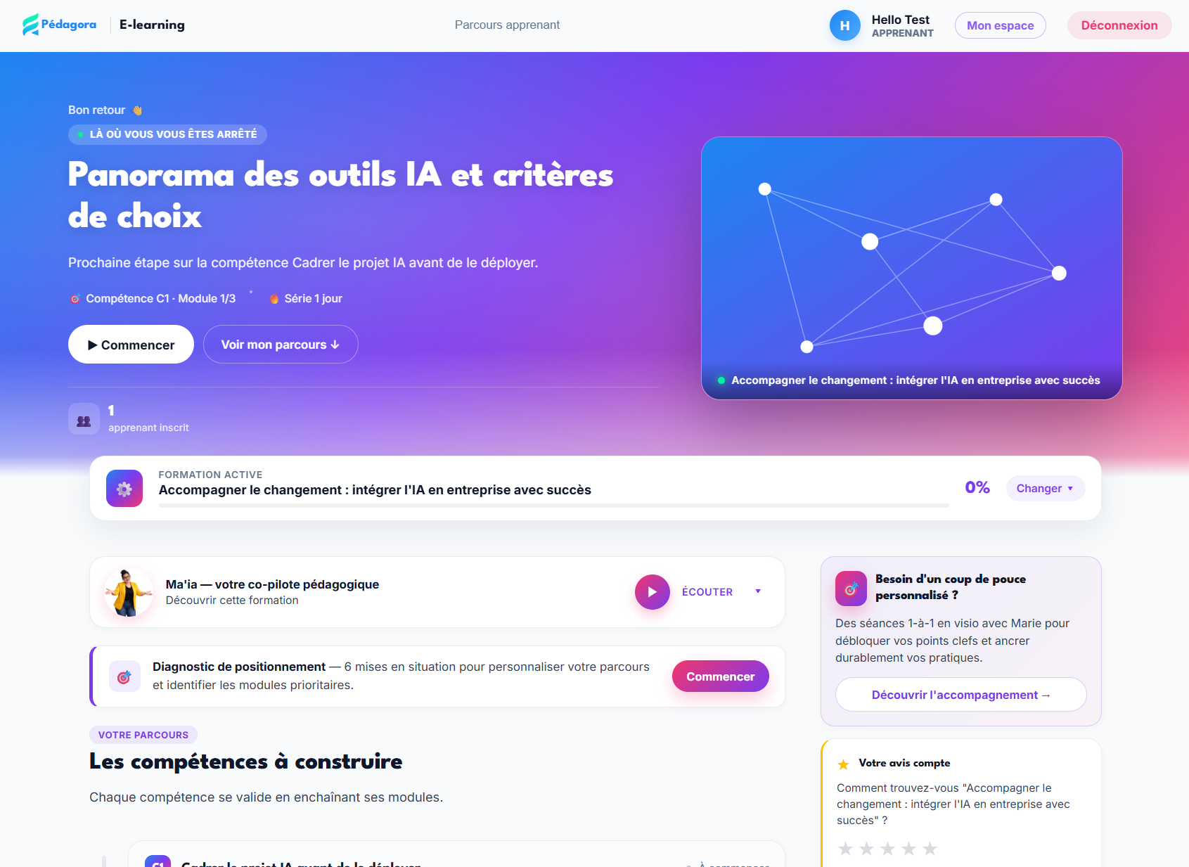 Tableau de bord apprenant Pédagora e-learning, avec parcours en cours et IA pédagogique Maïa