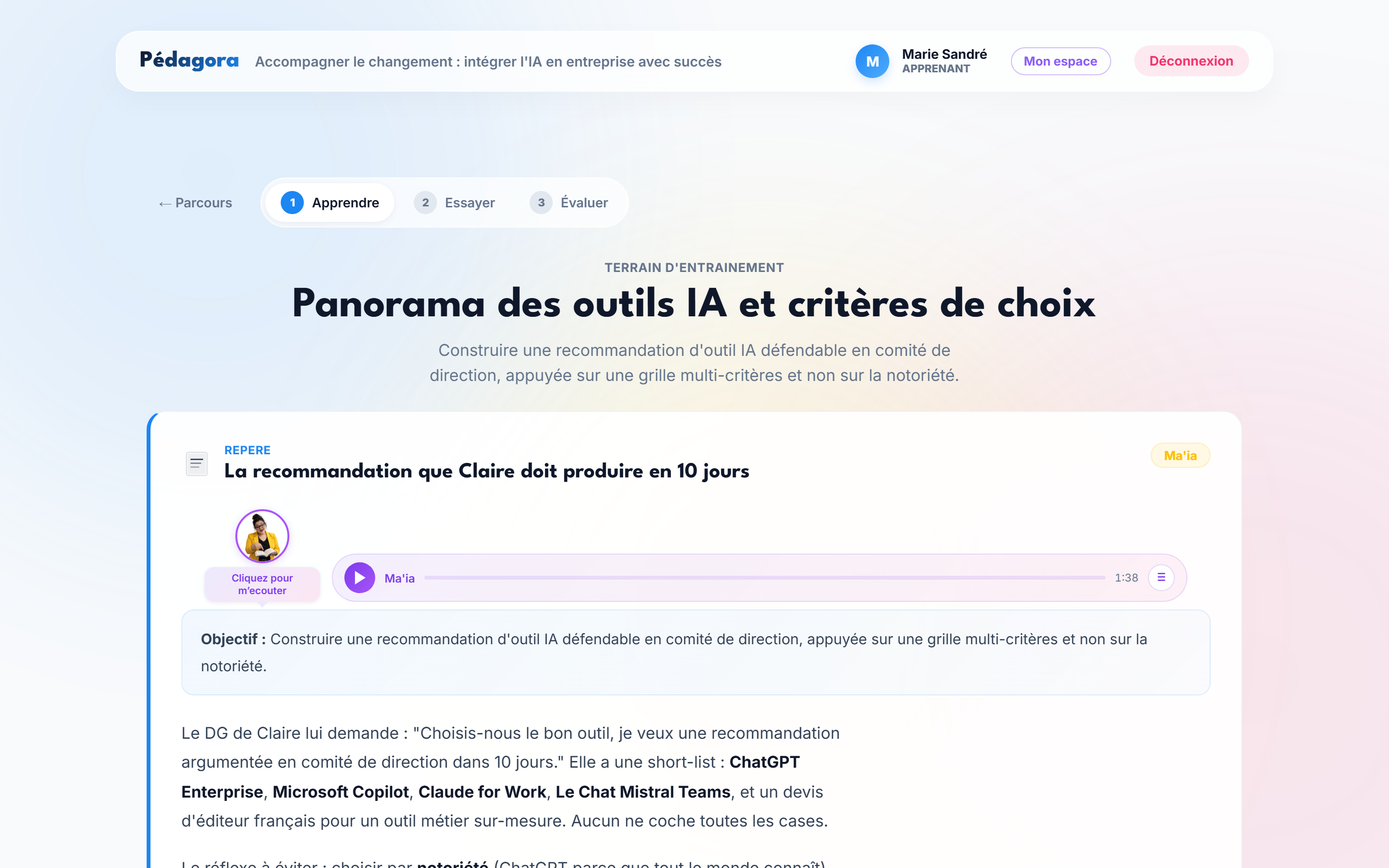 Module pédagogique avec slide immersif et lecteur audio narré par Maïa