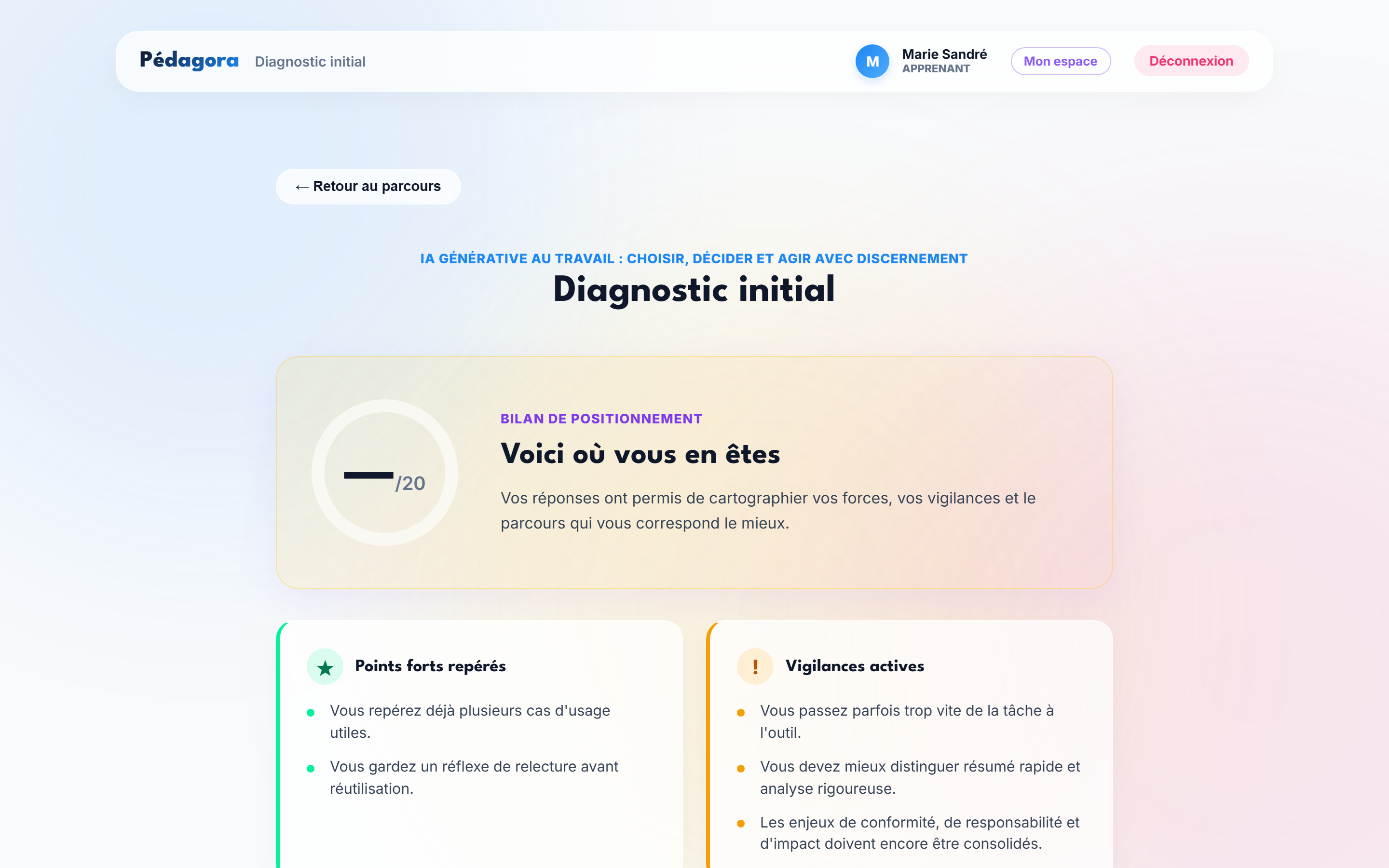 Diagnostic initial Lid'ia avec bilan de positionnement, points forts et vigilances