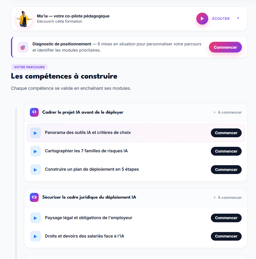 Parcours apprenant structuré par compétences avec modules à valider