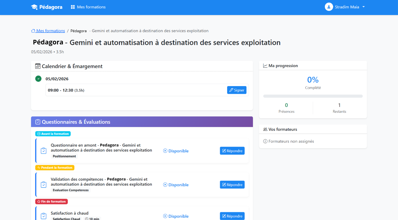 Espace apprenant PédagoPlace avec calendrier, émargement, questionnaires et progression
